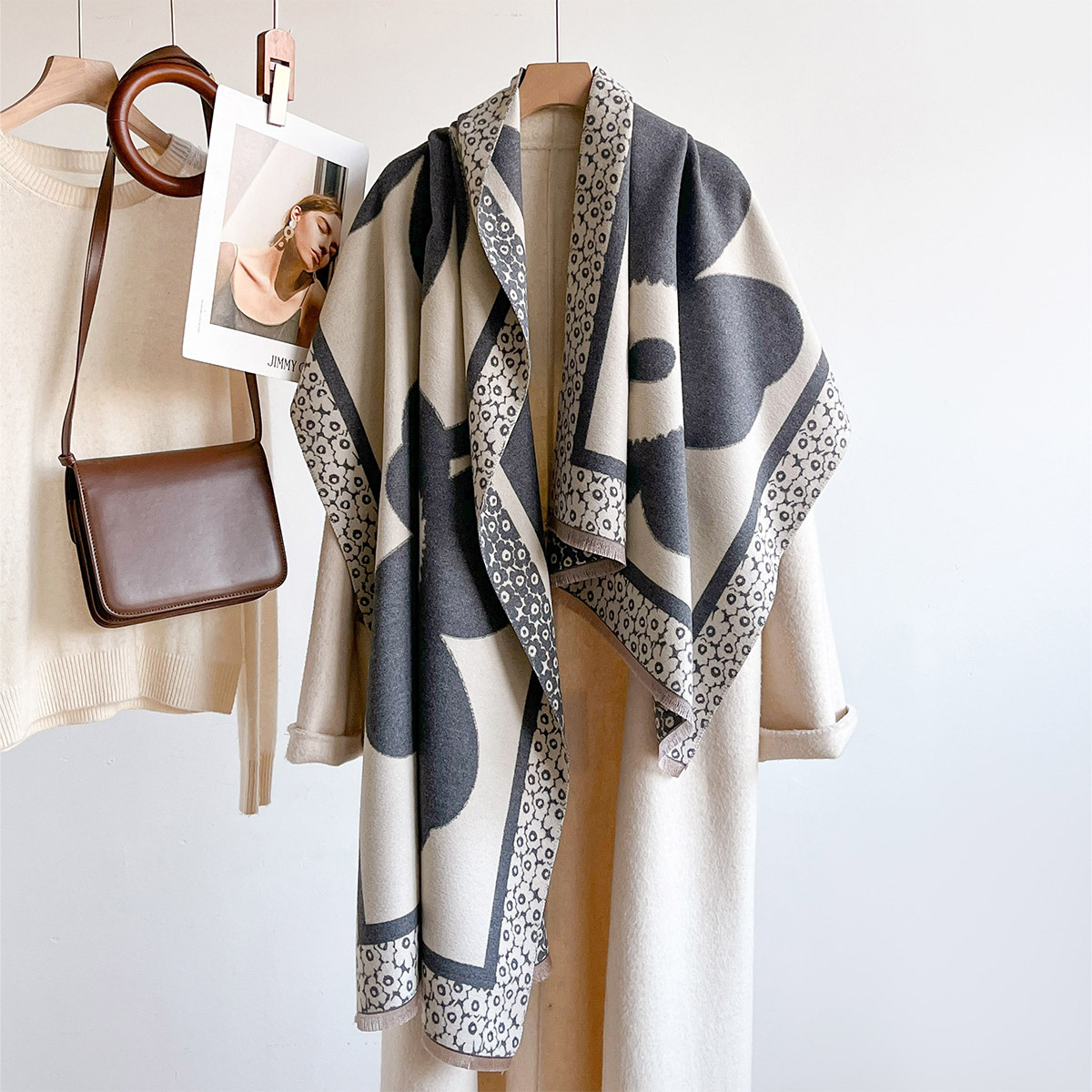 Cashmere Scarf - Cachecol feminino, xale jacquard com estampa
