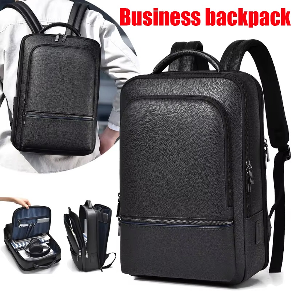 Leather Briefcase - Mochila masculina de couro pu com